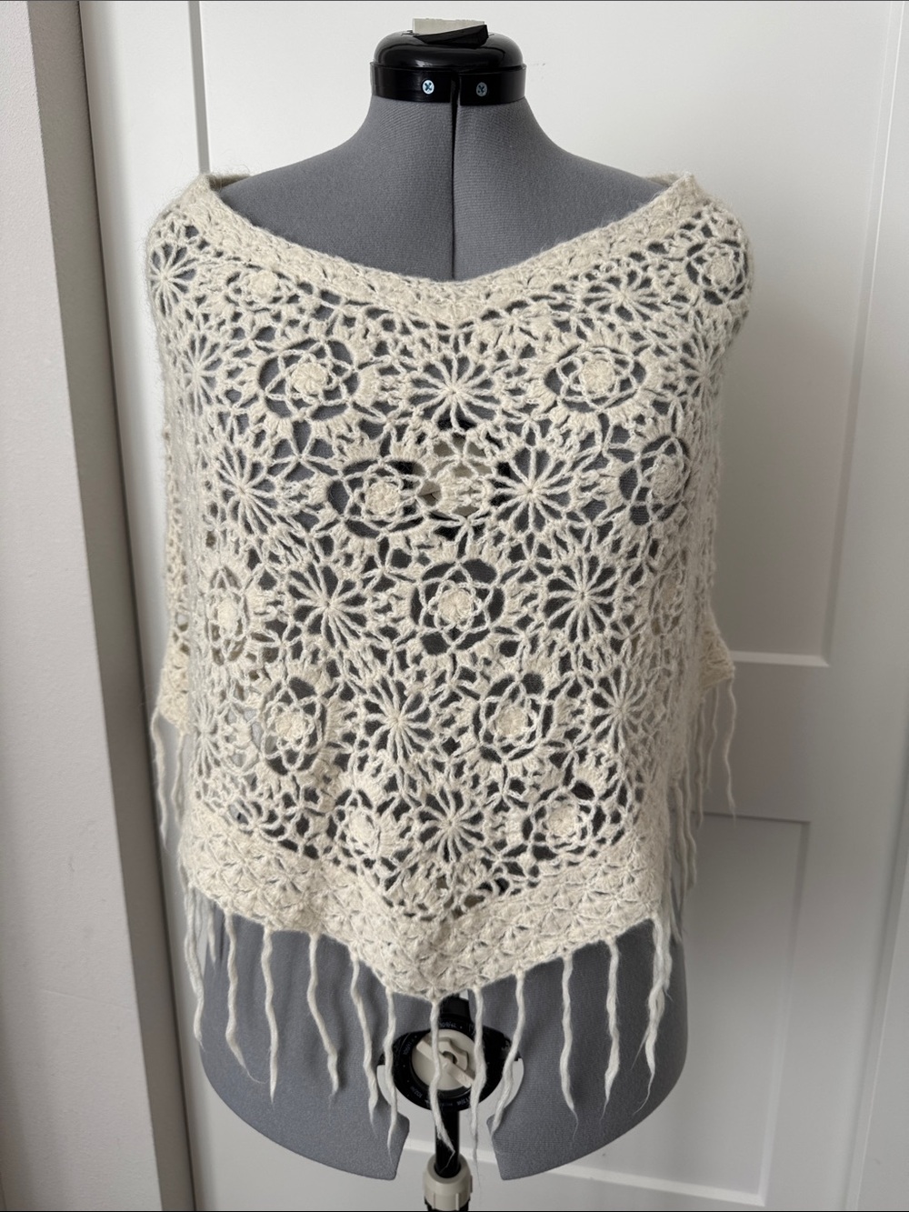 Crochet Fringe Poncho in Cream